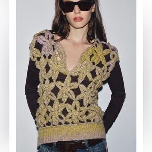 Zara V-Neck Crochet Flower Vest - Yellow and Purple Floral Knit